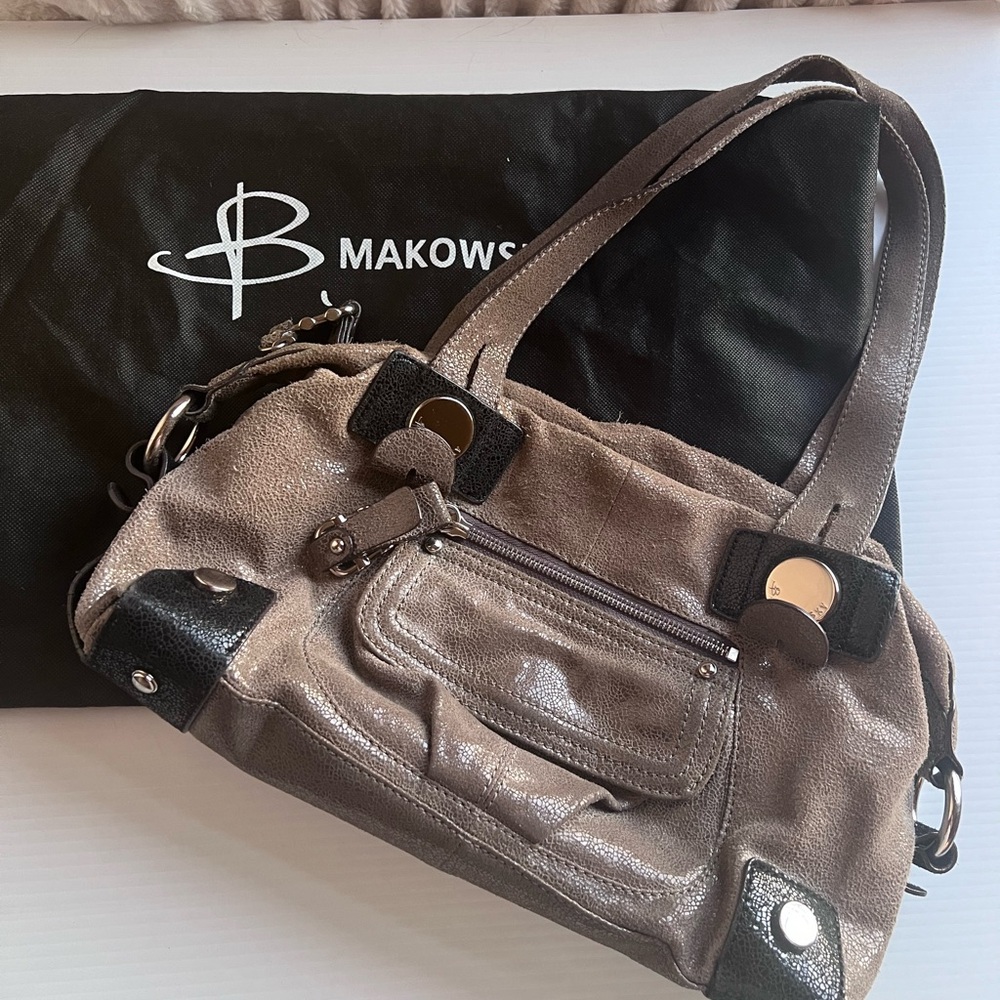 ***SOLD*** B. Makowsky Glittery Gray Leather Satchel Shoulder Bag + Dust Bag